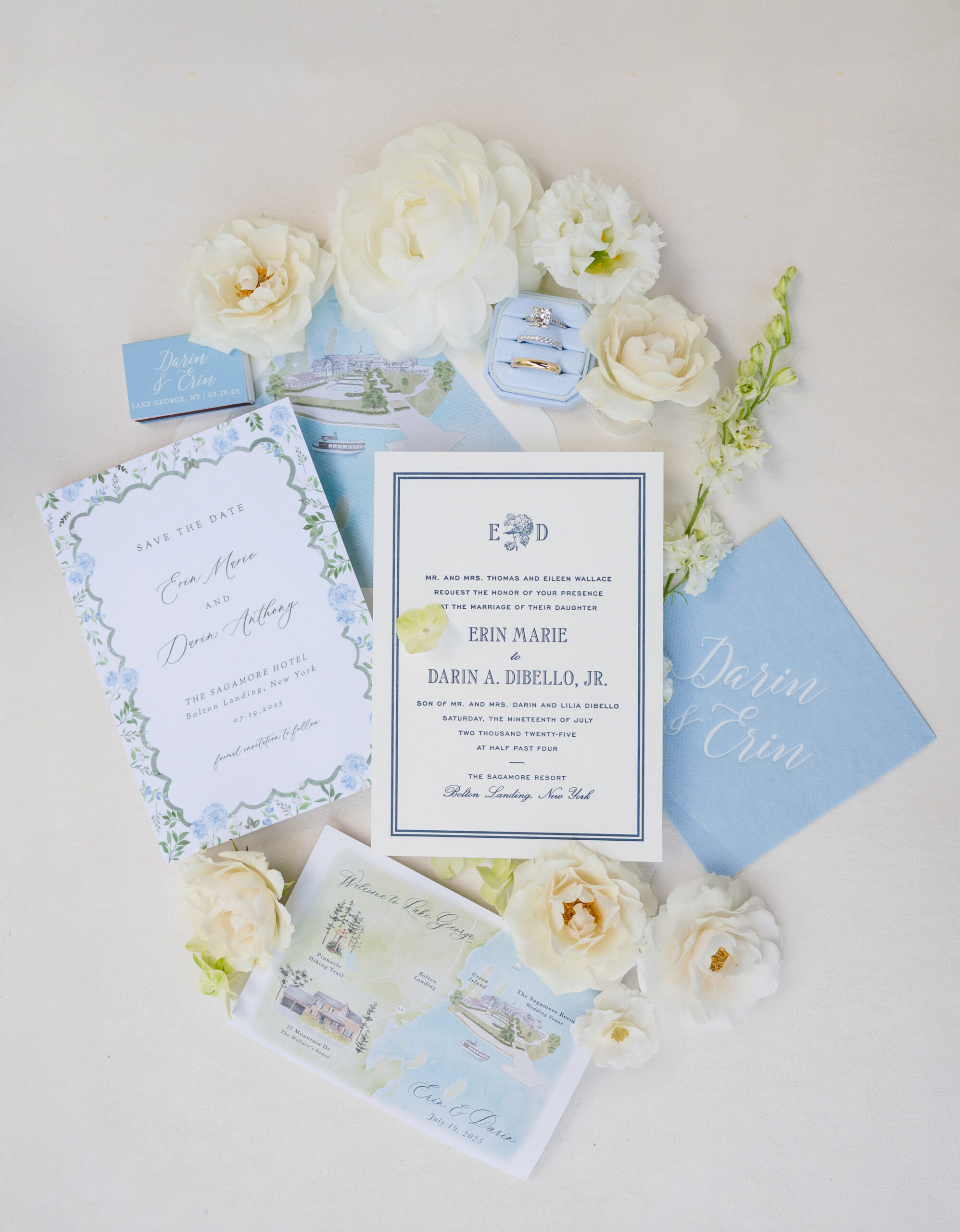 coastal inspired wedding details in blue and white at the historic Sagamore resort in Bolton Landing ny