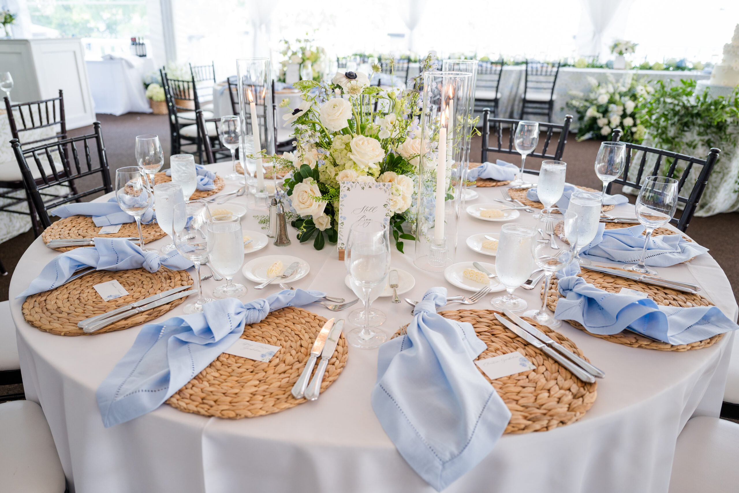 coastal inspired wedding details in blue and white at the historic Sagamore resort in Bolton Landing ny